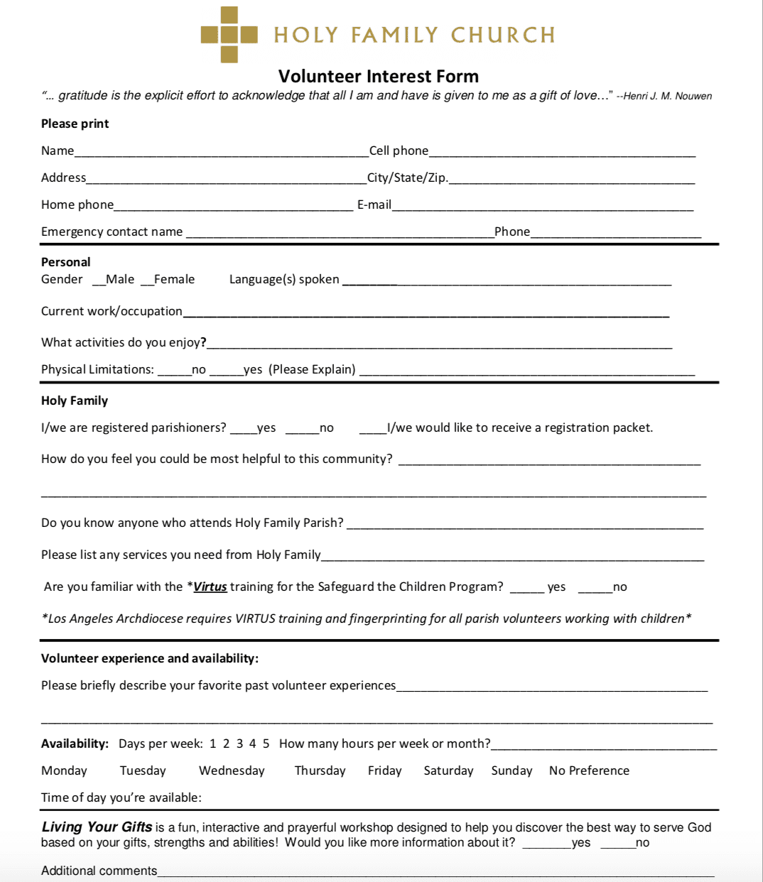 Volunteer Registration Form Holy Family Church